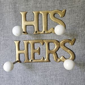 Vintage Brass Porcelain 'His and Hers' Wall Hooks